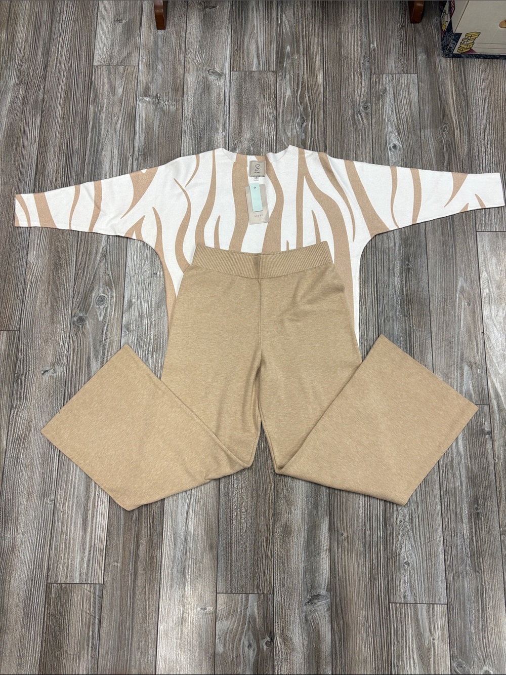 Sioni Ivory and Beige Zebra Stripe Knit Two-Piece Set